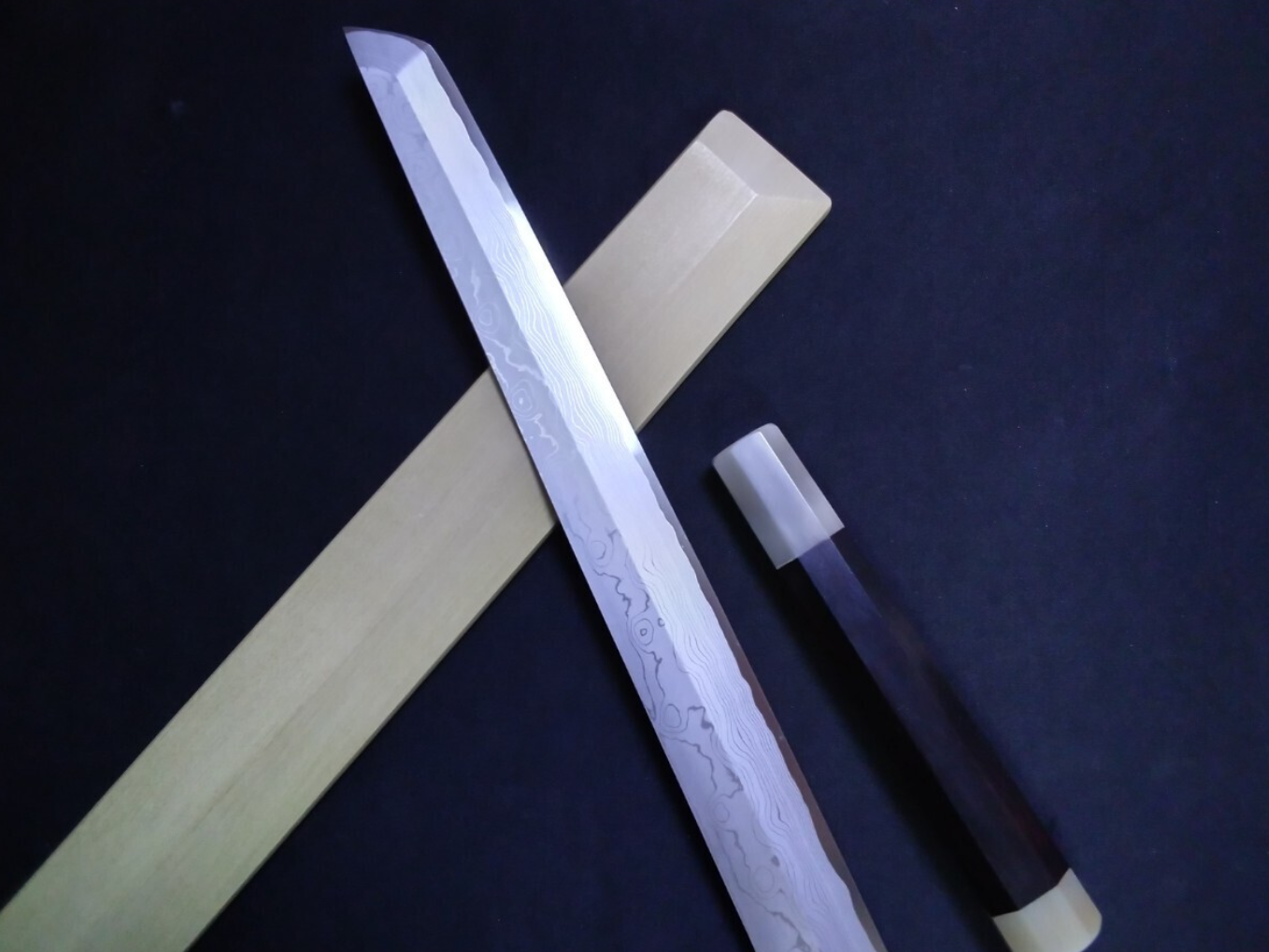 Wihte Steel#2 Damascus Yanagiba (Sakimaru) 300mm- Mirror Polished Blur Finish