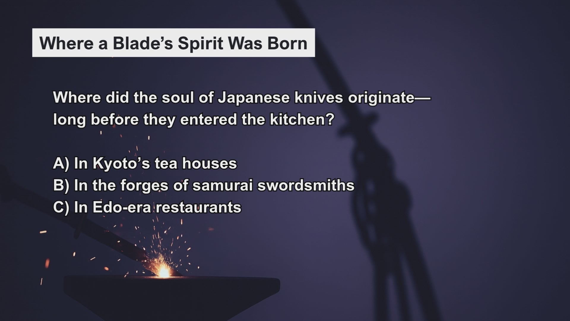 Load video: Video introducing a knowledge quiz on tracing the origins of blades, highlighting key historical insights and cultural foundations behind Japanese knife evolution.