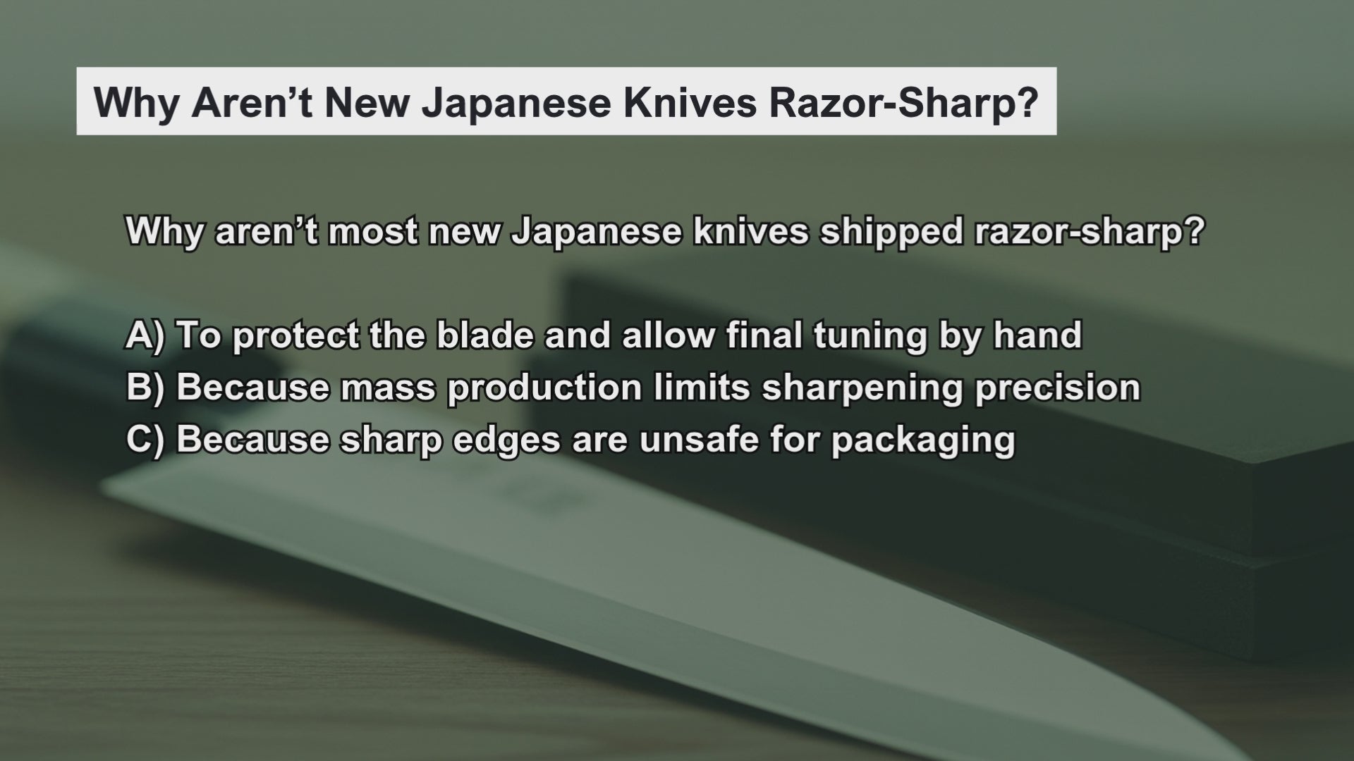 Load video: Video introducing a knowledge quiz on Japanese knife blade finishes, helping viewers learn the differences between common surface treatments and traditional craftsmanship.