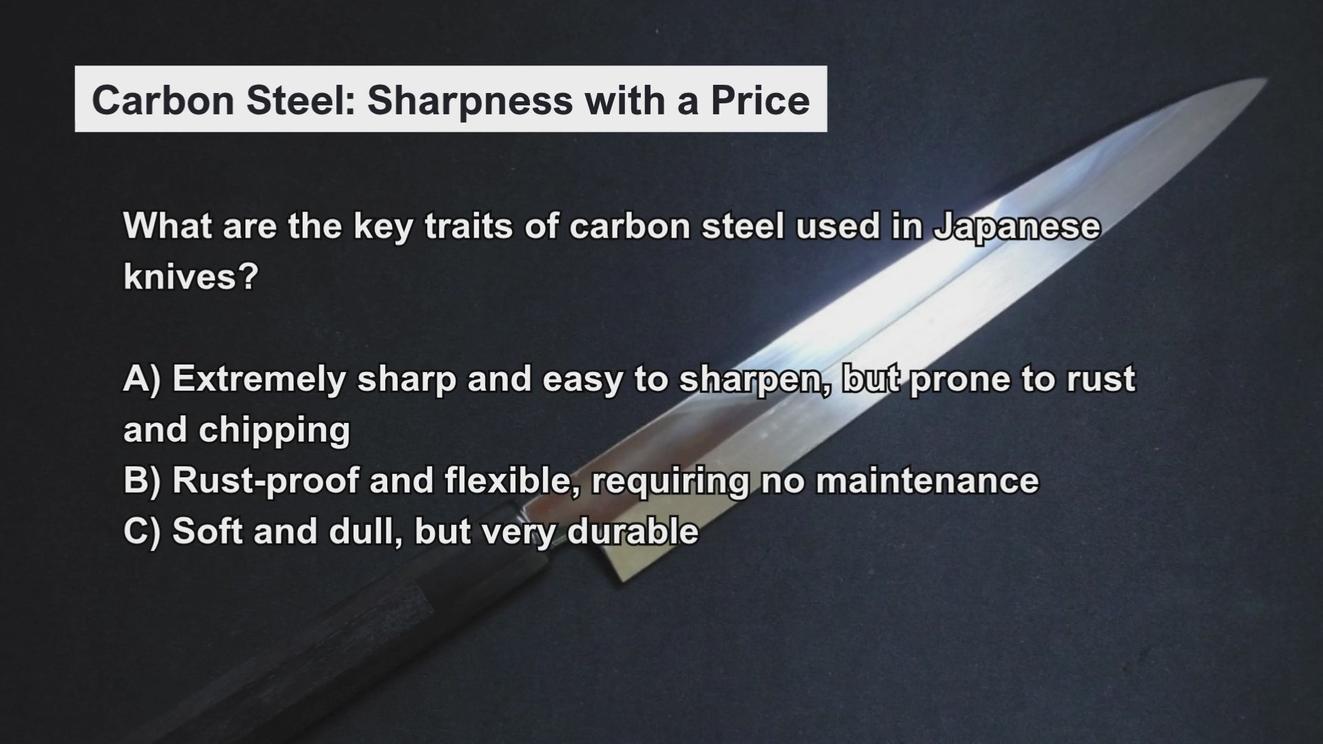 Load video: Video introducing a knowledge quiz on the White Steel series, helping viewers learn the differences between Shirogami steels, their sharpness, purity, and traditional craftsmanship.