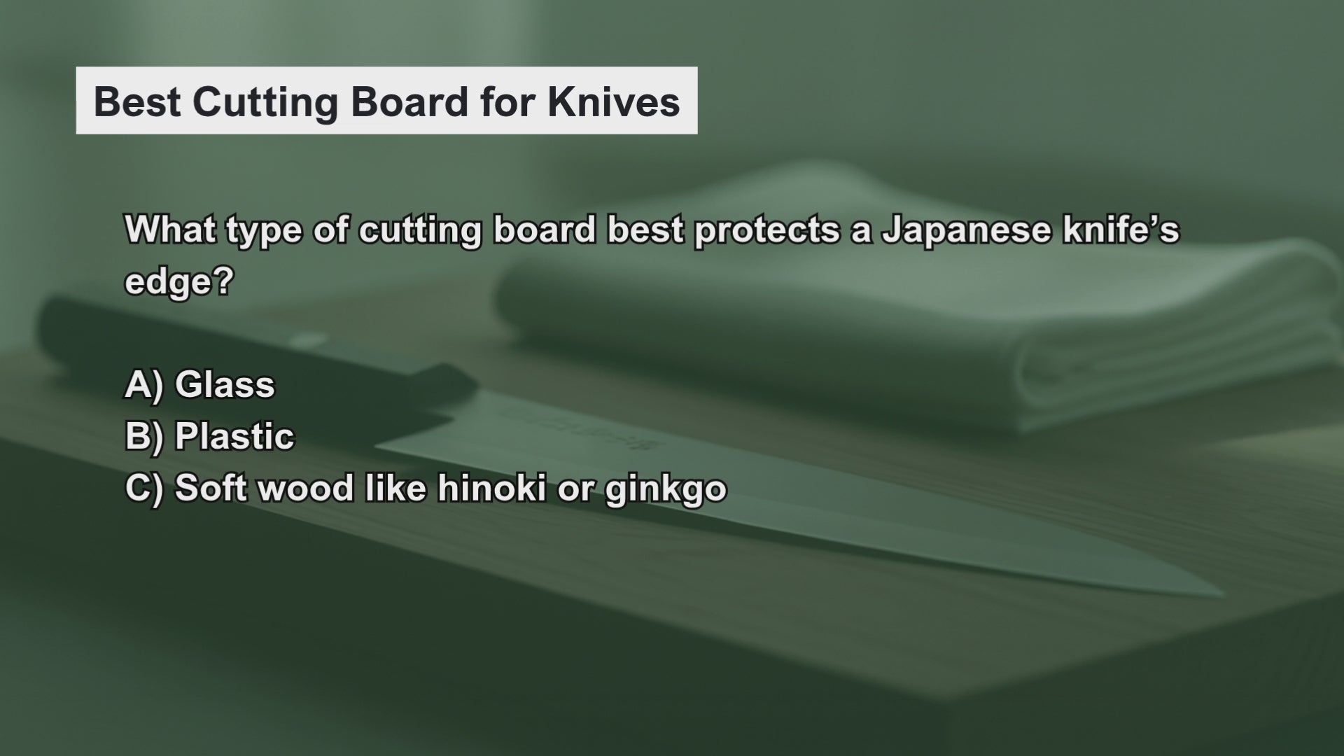Load video: Video introducing a knowledge quiz on cutting boards and whetstones, helping viewers review key principles of board selection, stone types, care habits, and how these tools protect and enhance Japanese knife performance.