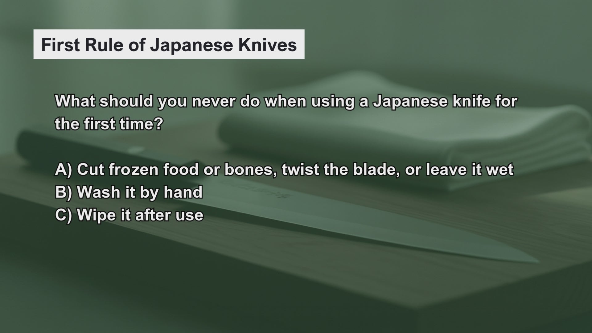 Load video: Video introducing a knowledge quiz on proper Japanese knife usage and daily care, helping viewers review essential handling techniques, cleaning habits, and edge-protecting practices for long-lasting performance.